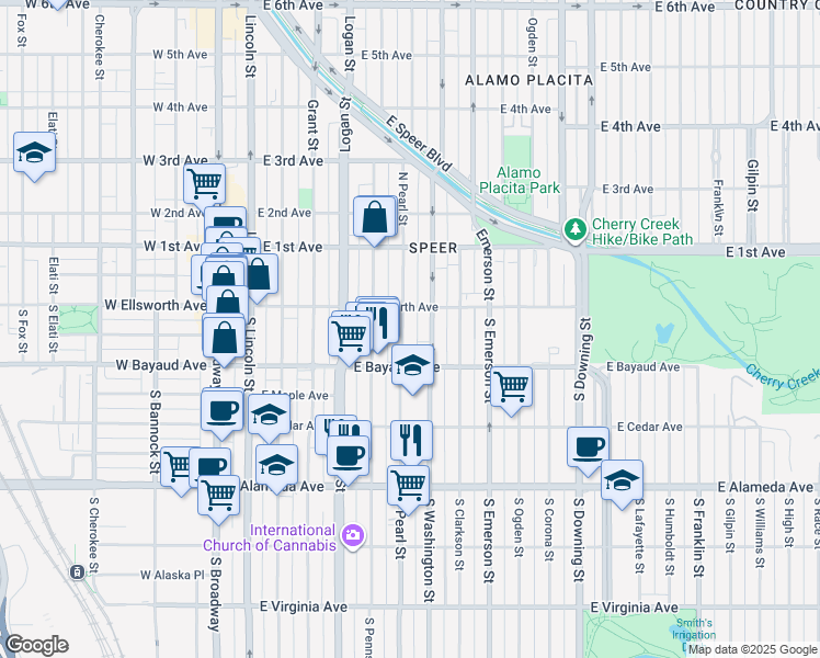 map of restaurants, bars, coffee shops, grocery stores, and more near 30 South Pearl Street in Denver