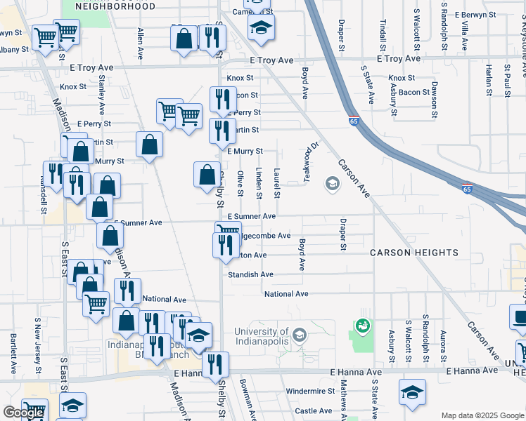 map of restaurants, bars, coffee shops, grocery stores, and more near 3461 Linden Street in Indianapolis