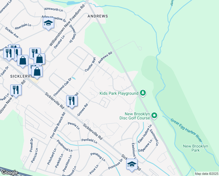 map of restaurants, bars, coffee shops, grocery stores, and more near 6 Lyric Court in Sicklerville