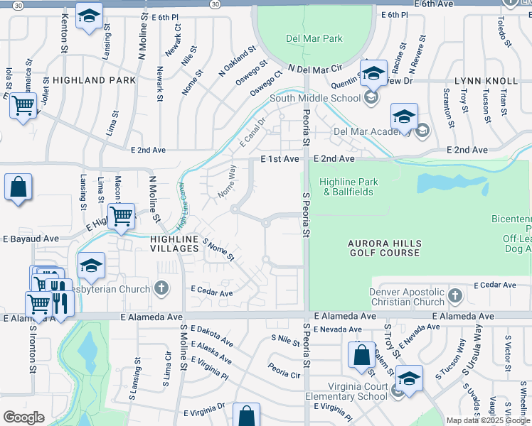 map of restaurants, bars, coffee shops, grocery stores, and more near 11895 East Maple Lane in Aurora