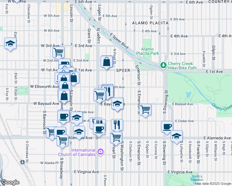map of restaurants, bars, coffee shops, grocery stores, and more near 57 South Pearl Street in Denver