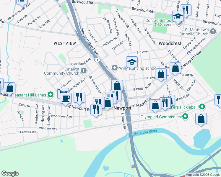 map of restaurants, bars, coffee shops, grocery stores, and more near 205 North James Street in Newport