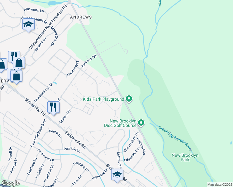 map of restaurants, bars, coffee shops, grocery stores, and more near 2 Little Court in Sicklerville