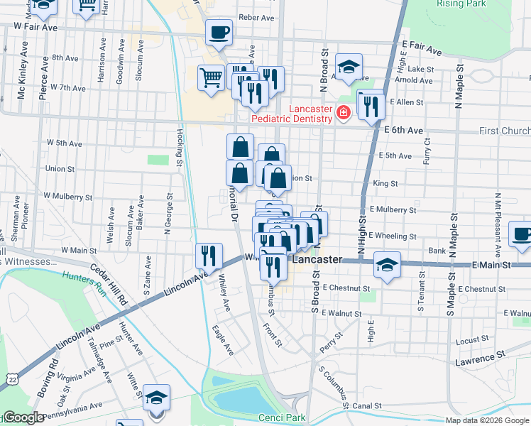 map of restaurants, bars, coffee shops, grocery stores, and more near 211 North Columbus Street in Lancaster