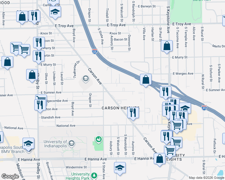 map of restaurants, bars, coffee shops, grocery stores, and more near 1801 East Sumner Avenue in Indianapolis