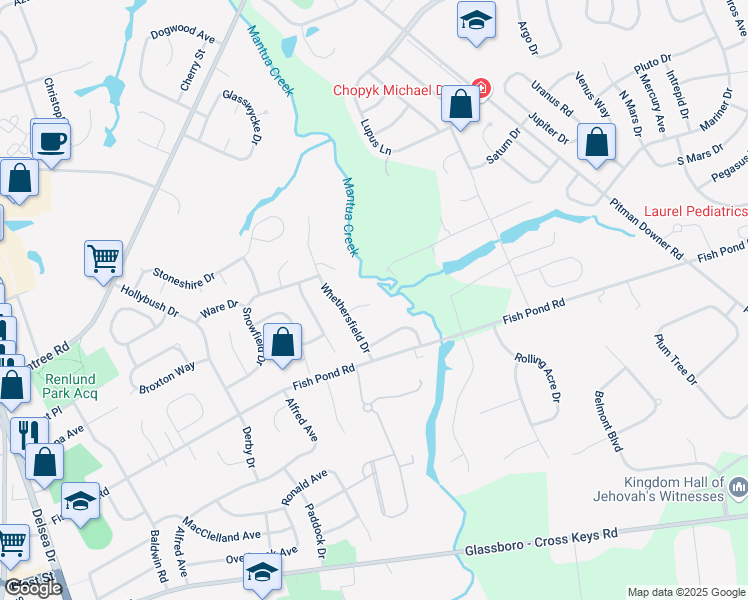 map of restaurants, bars, coffee shops, grocery stores, and more near 12 Hardwood Court in Glassboro
