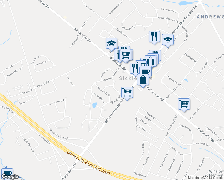 map of restaurants, bars, coffee shops, grocery stores, and more near 61 Hopewell Lane in Winslow Township