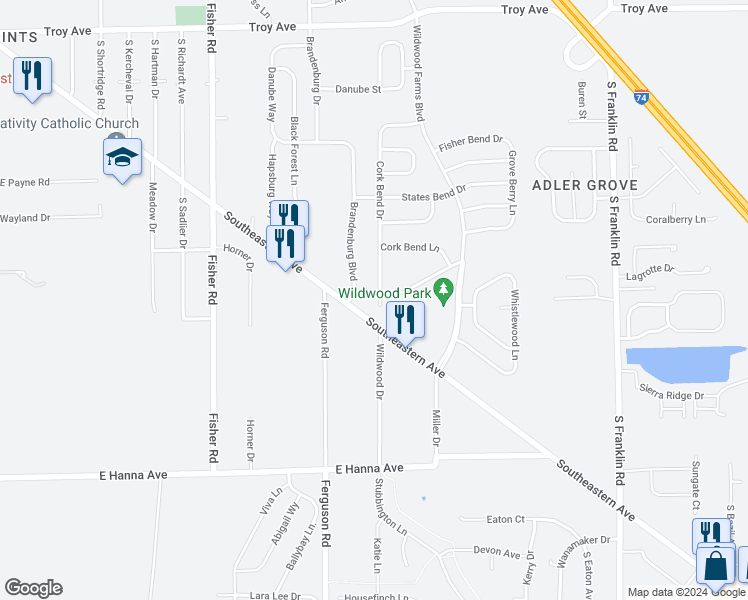 map of restaurants, bars, coffee shops, grocery stores, and more near 3610 Cork Bend Drive in Indianapolis