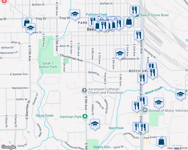 map of restaurants, bars, coffee shops, grocery stores, and more near 322 South 8th Avenue in Beech Grove