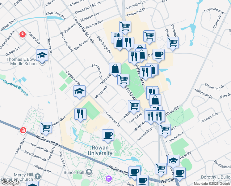 map of restaurants, bars, coffee shops, grocery stores, and more near 631 Whitman Street in Glassboro