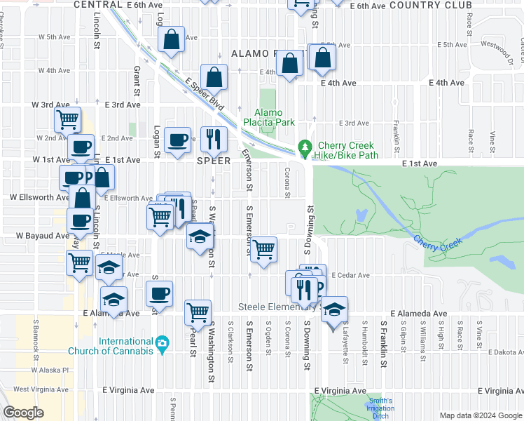 map of restaurants, bars, coffee shops, grocery stores, and more near 27 South Ogden Street in Denver