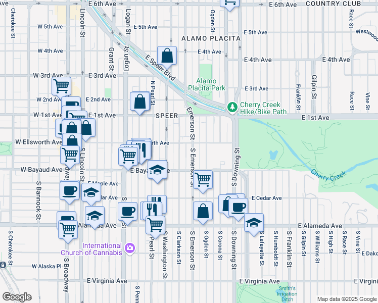 map of restaurants, bars, coffee shops, grocery stores, and more near 25 South Emerson Street in Denver