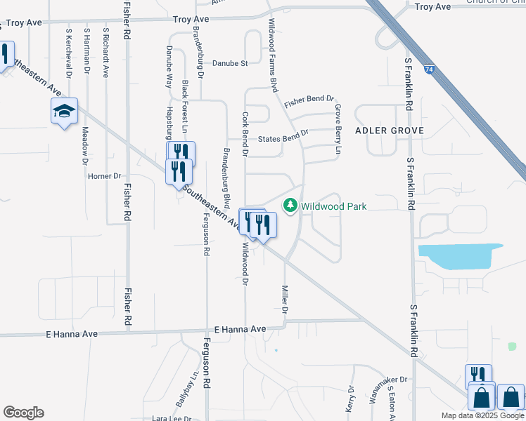 map of restaurants, bars, coffee shops, grocery stores, and more near 7863 Wildwood Farms Lane in Indianapolis