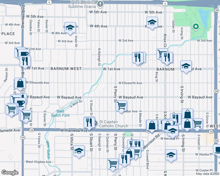 map of restaurants, bars, coffee shops, grocery stores, and more near in Denver