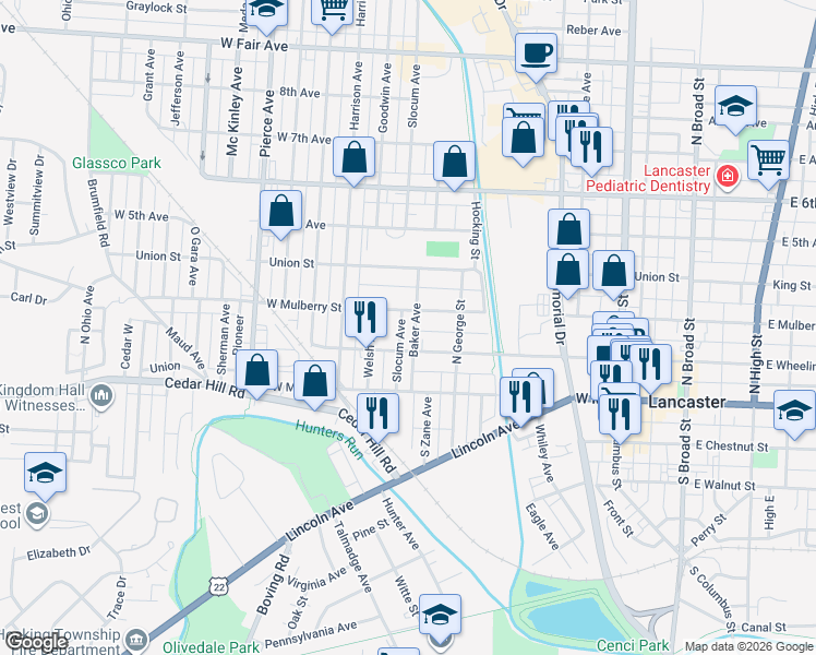 map of restaurants, bars, coffee shops, grocery stores, and more near 539 West Wheeling Street in Lancaster