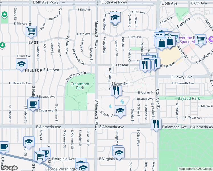 map of restaurants, bars, coffee shops, grocery stores, and more near 6598 East Lowry Boulevard in Denver
