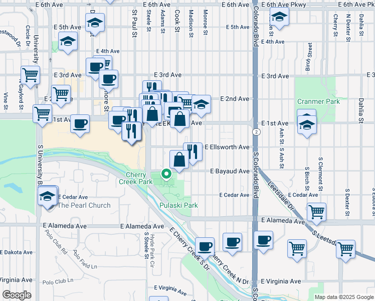 map of restaurants, bars, coffee shops, grocery stores, and more near 40 South Madison Street in Denver