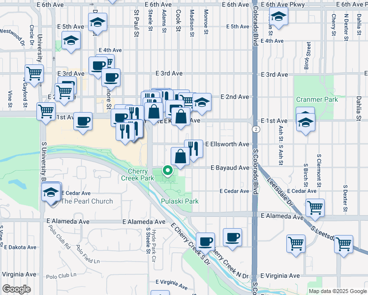 map of restaurants, bars, coffee shops, grocery stores, and more near 1 South Madison Street in Denver
