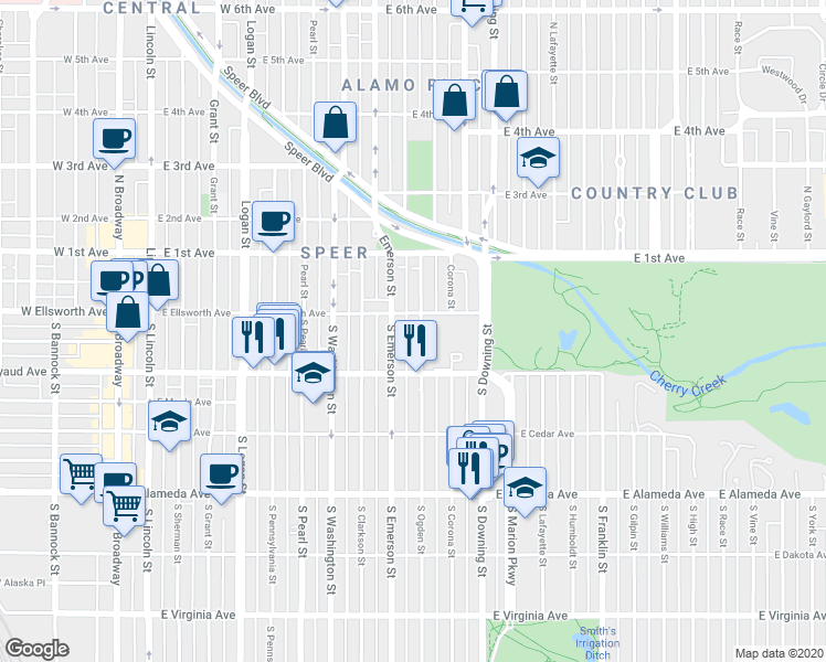 map of restaurants, bars, coffee shops, grocery stores, and more near 51 South Ogden Street in Denver