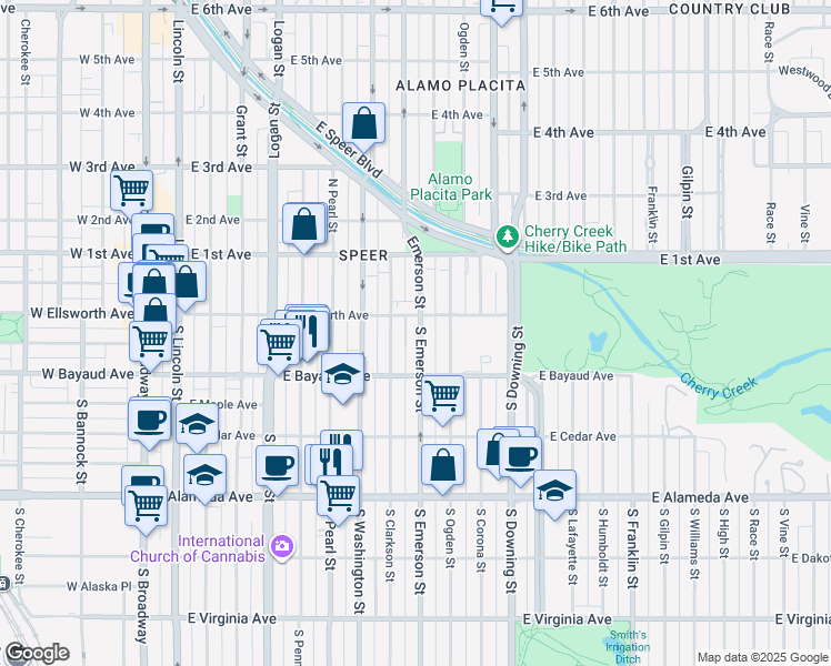 map of restaurants, bars, coffee shops, grocery stores, and more near 66 South Clarkson Street in Denver