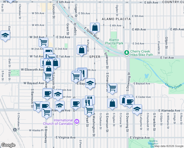 map of restaurants, bars, coffee shops, grocery stores, and more near 52 South Washington Street in Denver