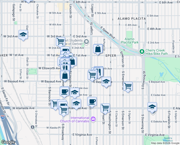 map of restaurants, bars, coffee shops, grocery stores, and more near 35 South Logan Street in Denver