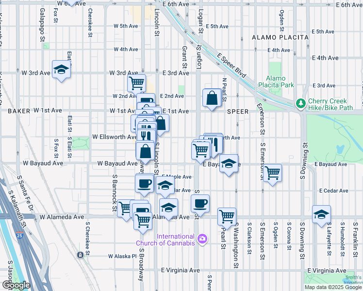 map of restaurants, bars, coffee shops, grocery stores, and more near 56 South Grant Street in Denver