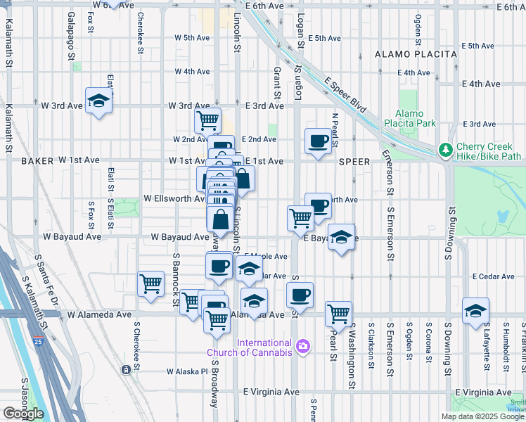 map of restaurants, bars, coffee shops, grocery stores, and more near 56 South Sherman Street in Denver