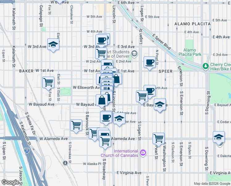 map of restaurants, bars, coffee shops, grocery stores, and more near 55 South Lincoln Street in Denver