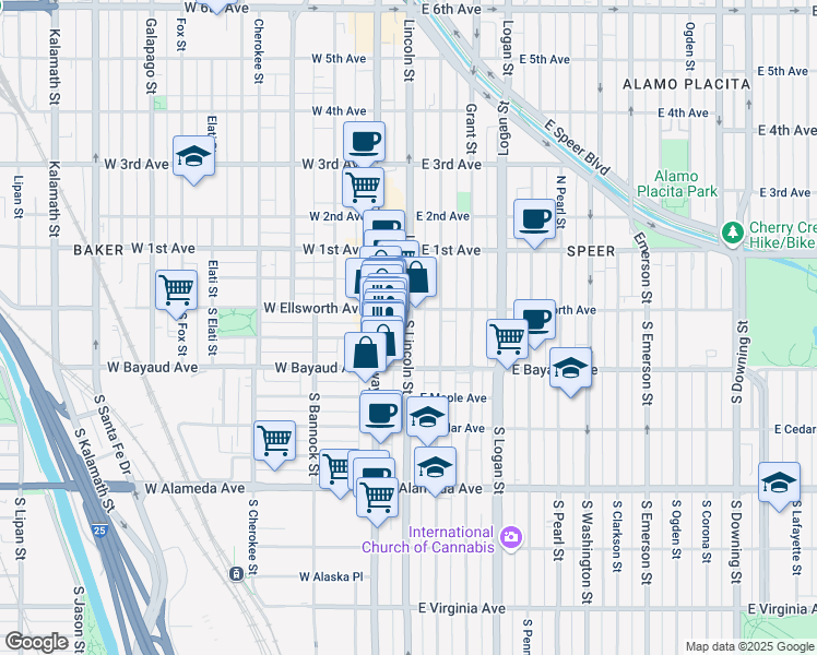 map of restaurants, bars, coffee shops, grocery stores, and more near 55 South Lincoln Street in Denver