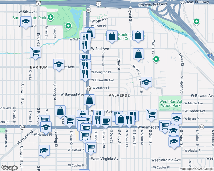 map of restaurants, bars, coffee shops, grocery stores, and more near 52 South Decatur Street in Denver