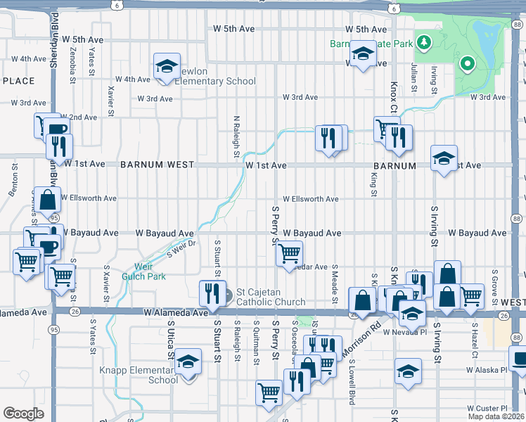 map of restaurants, bars, coffee shops, grocery stores, and more near in Denver