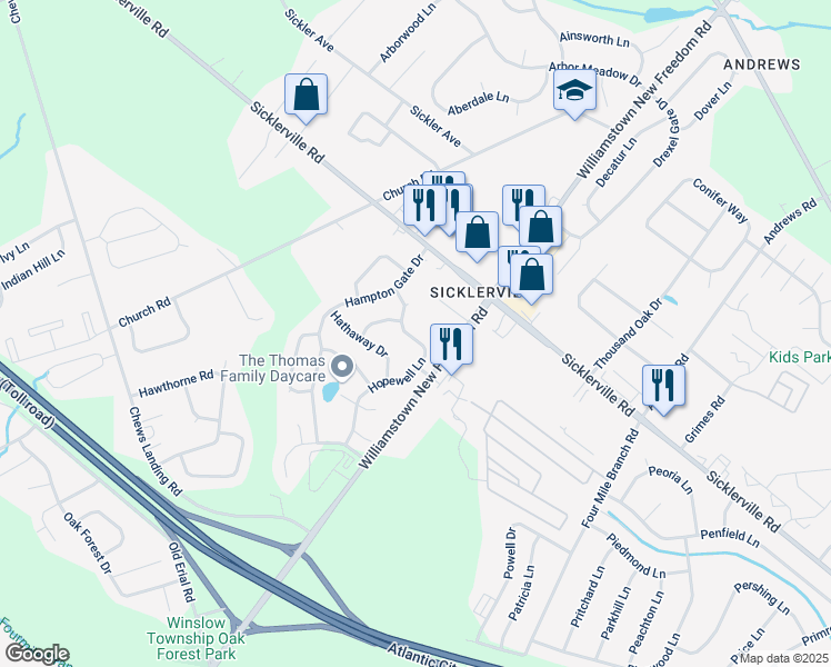 map of restaurants, bars, coffee shops, grocery stores, and more near 14 Hathaway Drive in Sicklerville