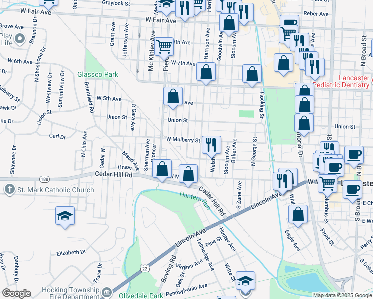 map of restaurants, bars, coffee shops, grocery stores, and more near 201 Washington Avenue in Lancaster
