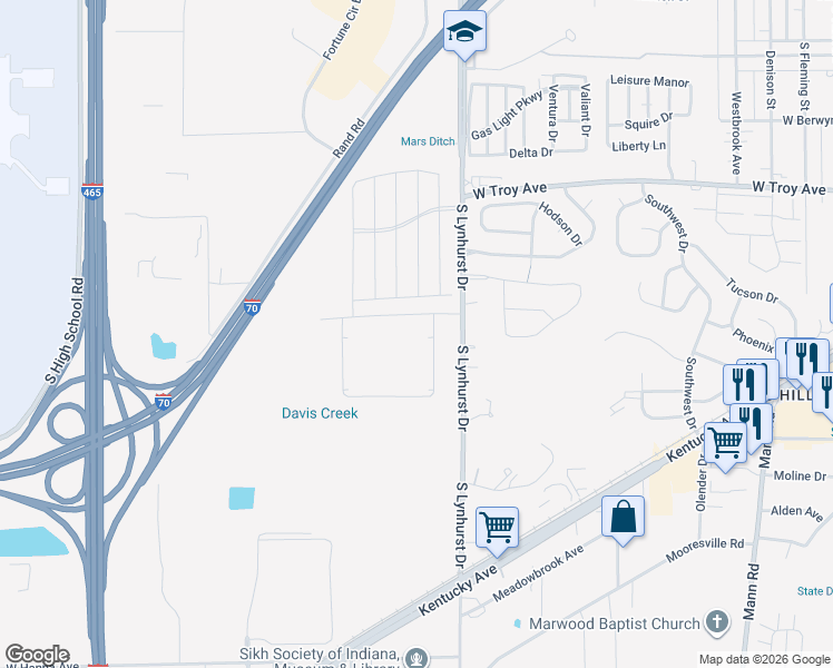 map of restaurants, bars, coffee shops, grocery stores, and more near 3325 Manhattan Avenue in Indianapolis