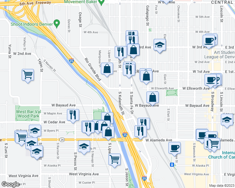 map of restaurants, bars, coffee shops, grocery stores, and more near 31 South Kalamath Street in Denver