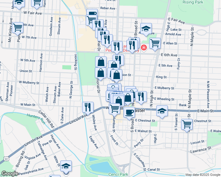 map of restaurants, bars, coffee shops, grocery stores, and more near 211 North Columbus Street in Lancaster