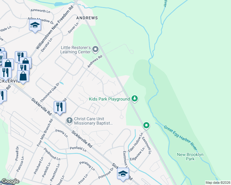 map of restaurants, bars, coffee shops, grocery stores, and more near 1 Lyons Court in Sicklerville
