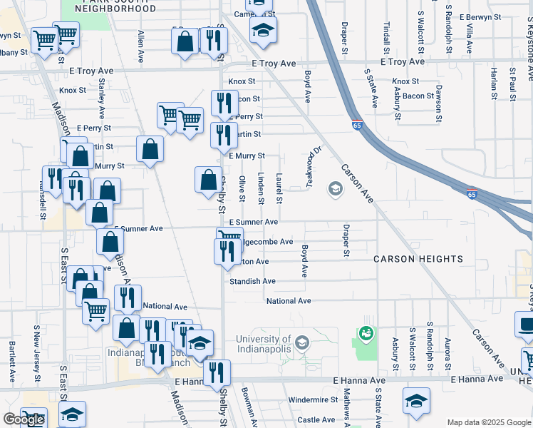 map of restaurants, bars, coffee shops, grocery stores, and more near 1209 East Sumner Avenue in Indianapolis