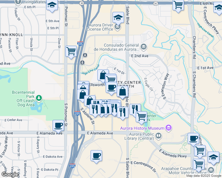 map of restaurants, bars, coffee shops, grocery stores, and more near 14200 East Ellsworth Avenue in Aurora