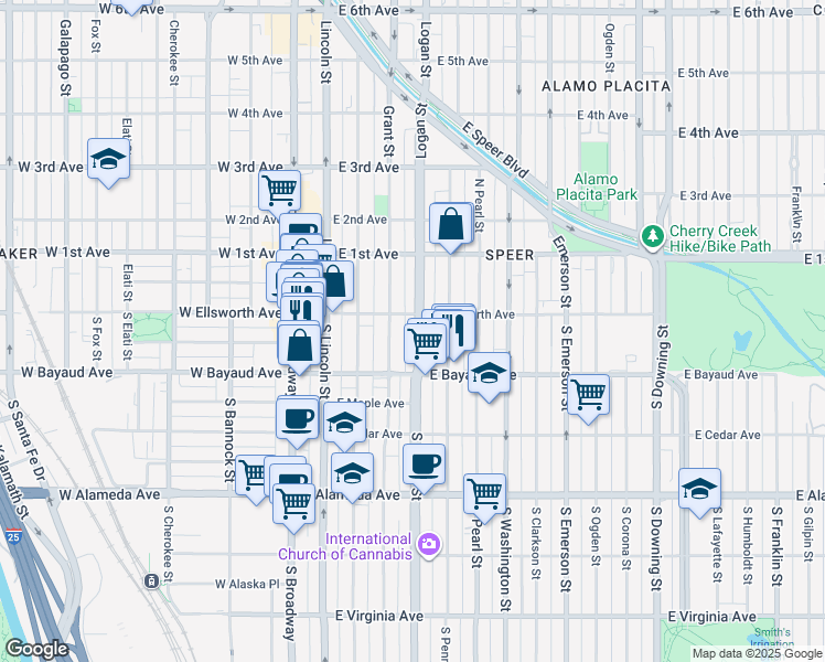 map of restaurants, bars, coffee shops, grocery stores, and more near 56 South Grant Street in Denver