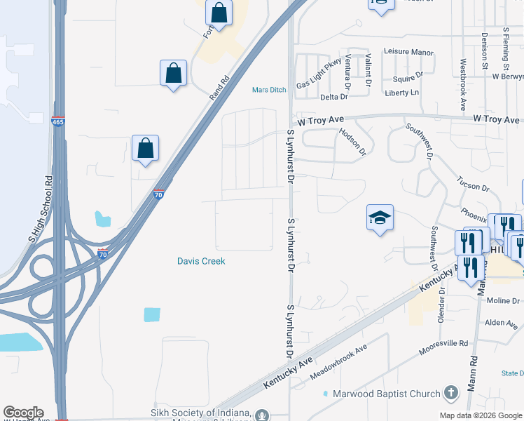 map of restaurants, bars, coffee shops, grocery stores, and more near 3325 Manhattan Avenue in Indianapolis