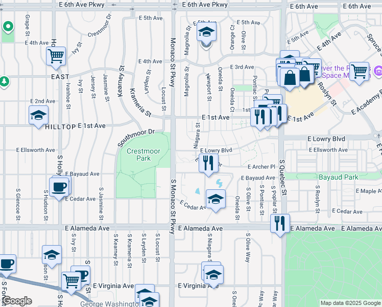 map of restaurants, bars, coffee shops, grocery stores, and more near 6598 East Lowry Boulevard in Denver