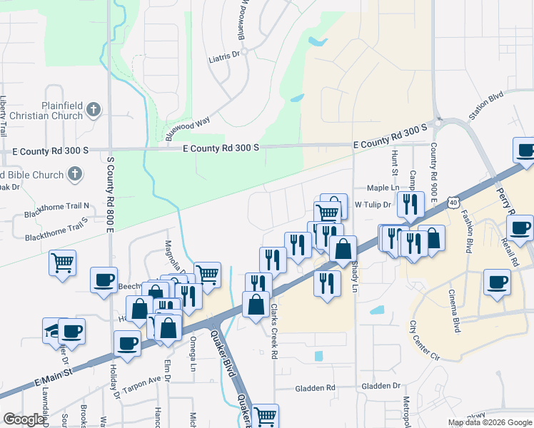 map of restaurants, bars, coffee shops, grocery stores, and more near 2300 East Main Street in Plainfield