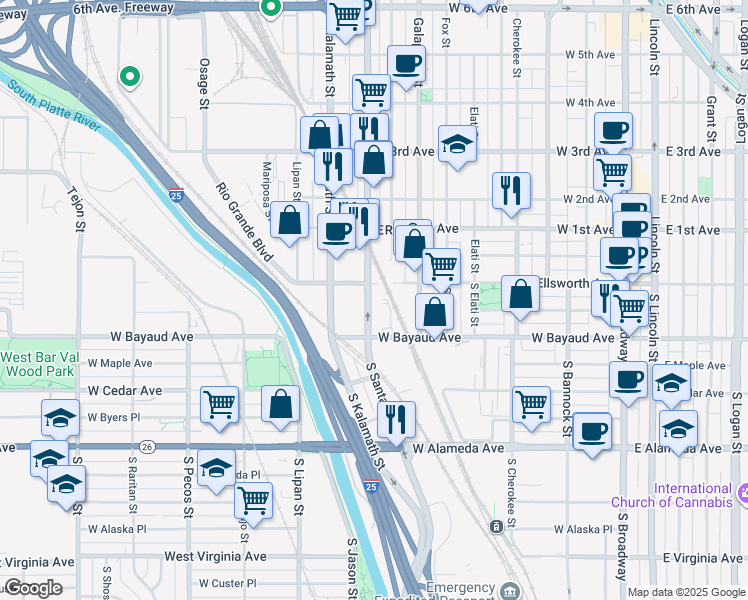 map of restaurants, bars, coffee shops, grocery stores, and more near 70 South Santa Fe Drive in Denver