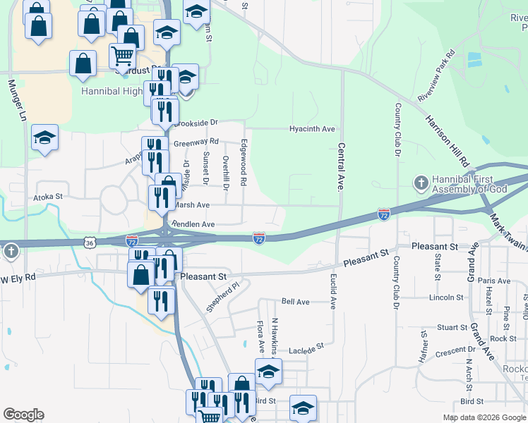 map of restaurants, bars, coffee shops, grocery stores, and more near 2 Marsh Circle in Hannibal