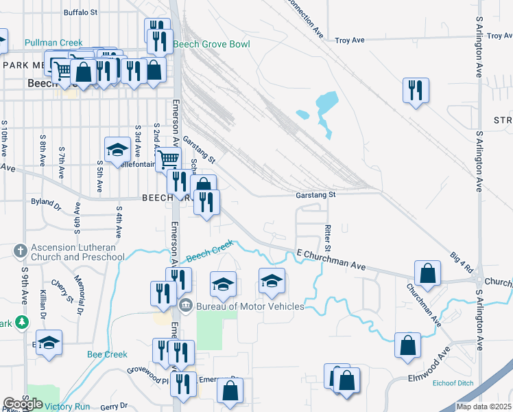 map of restaurants, bars, coffee shops, grocery stores, and more near 5310 Churchman Avenue in Indianapolis