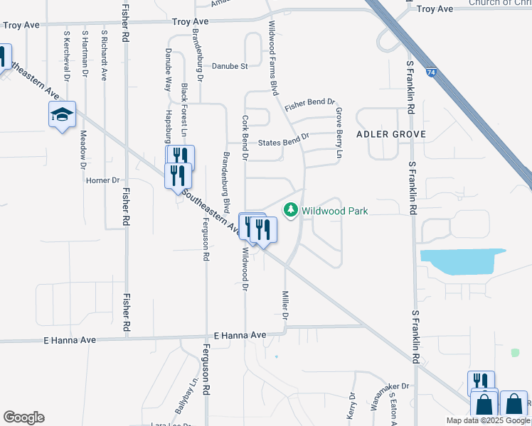 map of restaurants, bars, coffee shops, grocery stores, and more near 7863 Wildwood Farms Lane in Indianapolis