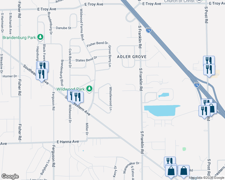 map of restaurants, bars, coffee shops, grocery stores, and more near 3631 Whistlewood Lane in Indianapolis