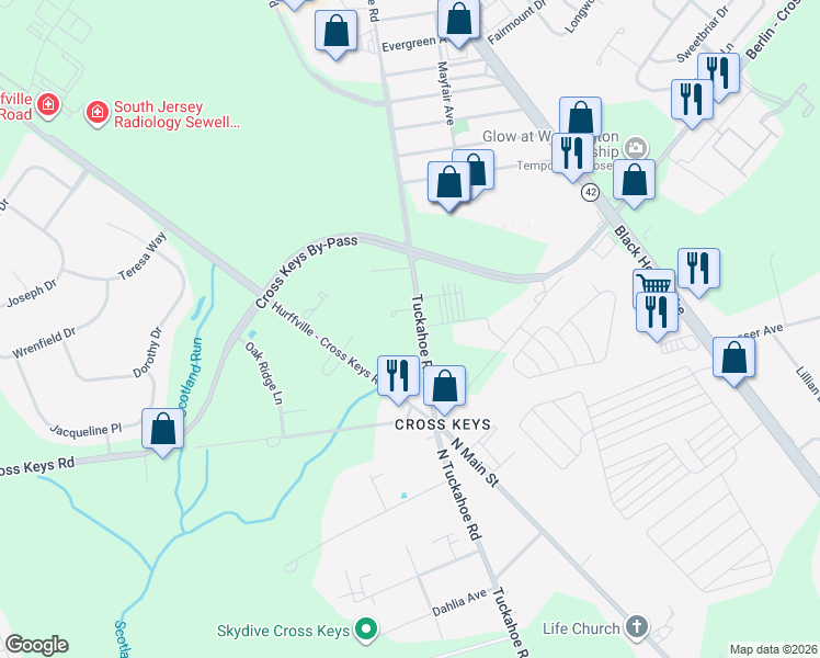map of restaurants, bars, coffee shops, grocery stores, and more near 118 Tuckahoe Road in Washington Township